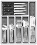 49-Piece Silverware Set with Organizer, Food-Grade Stainless Steel Flatware for 8, Cutlery Utensil Sets with Steak Knives, Rust-proof, Mirror Polished, Dishwasher Safe, Silver Tree Pattern