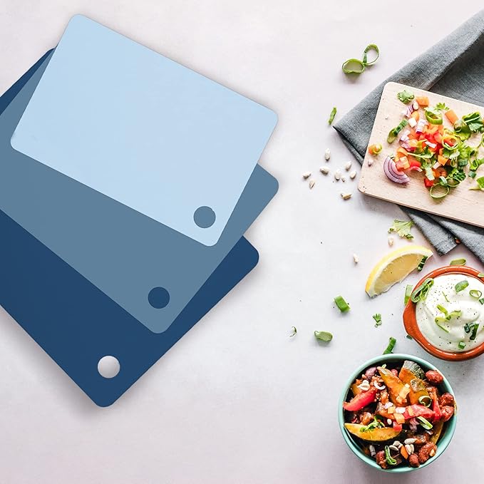 Tovolo Flexible Cutting Board Set of 3 Small Medium Large Nylon Chopping Mats for Meal Prep Cut Slice Dicing Fruits Veggies & Meat, Easy Clean Dishwasher Safe Kitchen Cutting Mats, Assorted Blues