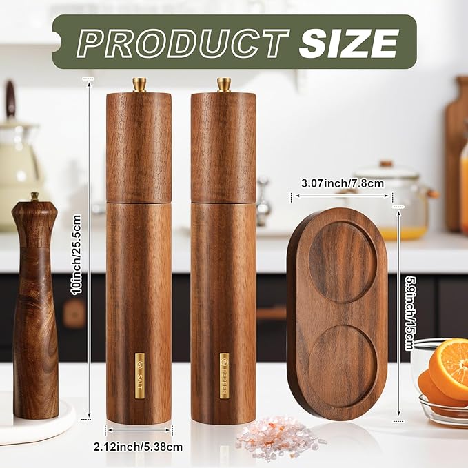 Wooden Salt and Pepper Grinder Set 10 Inch Manual Salt and Pepper Mill with Tray Adjustable Coarseness Refillable Wood Grinders with Gold Bottle Label for Kitchen(Wood Color)