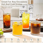 Set of 8 Vintage Ribbed Glassware,4 Highball Glasses 12 oz,4 Rocks Drinking Glasses 14 oz,Ribbed Cocktail Glass Cup,Drinking Glass Set,Used for Whiskey,Juice,Smoothies,Mixed Drinkware