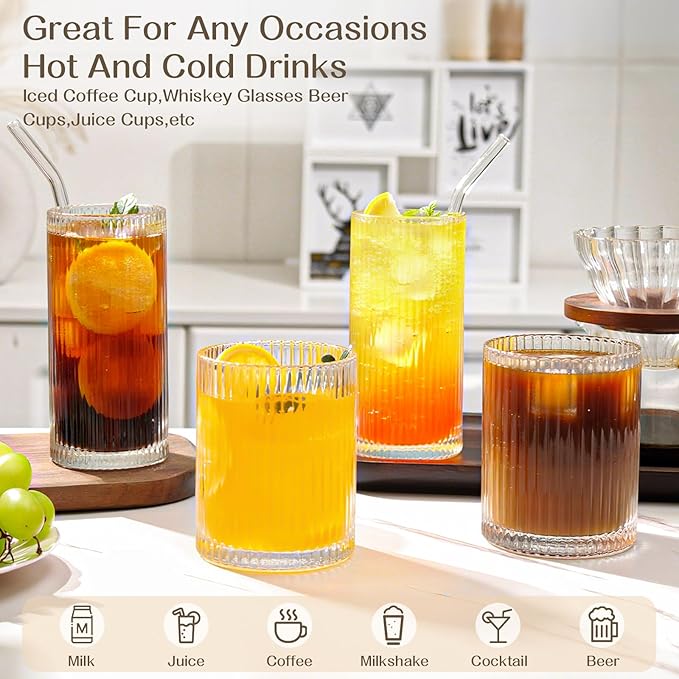 Set of 8 Vintage Ribbed Glassware,4 Highball Glasses 12 oz,4 Rocks Drinking Glasses 14 oz,Ribbed Cocktail Glass Cup,Drinking Glass Set,Used for Whiskey,Juice,Smoothies,Mixed Drinkware