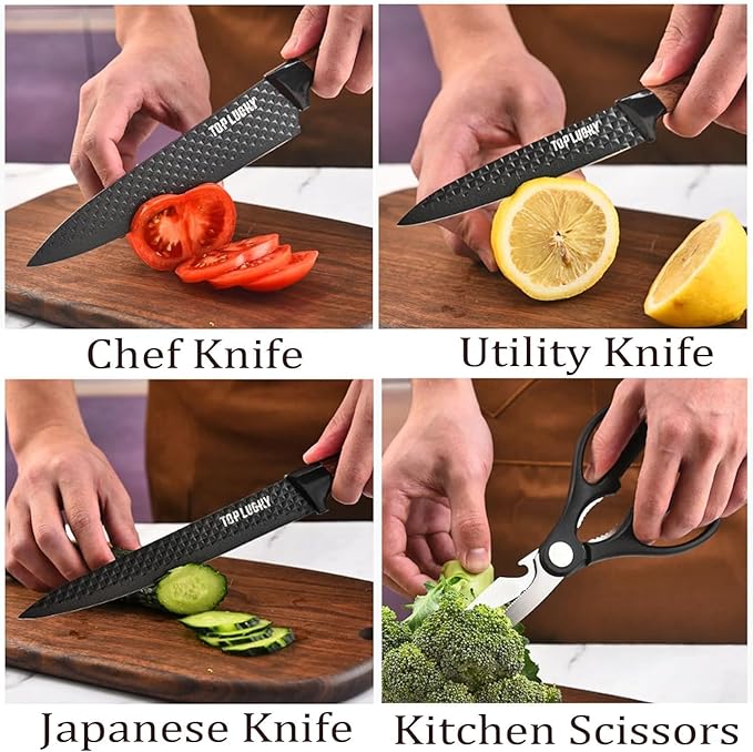 Black Knife Set, 6 Pieces Professional Kitchen Knife Set with Universal Knife Block, Super Sharp Knife Block Set with Ergonomic Handle Non-stick Stainless Steel Knife Block Set (Black)