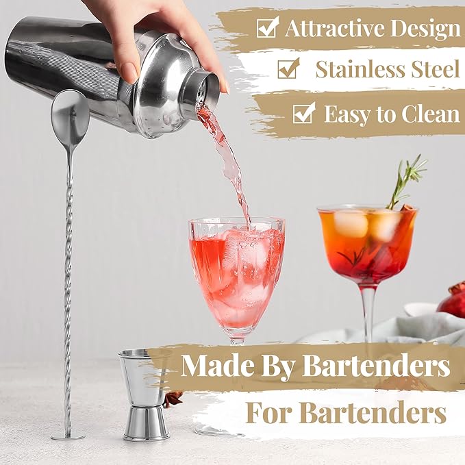 Premium Mixology Cocktail Shaker Set | 4 Piece Bar Tool Set, Silver Bar Set Cocktail Shaker Set for Drink Mixing - Includes Martini Shaker, Jigger, Bar Mixer Spoon + Free Cocktail Recipes | Gift Idea