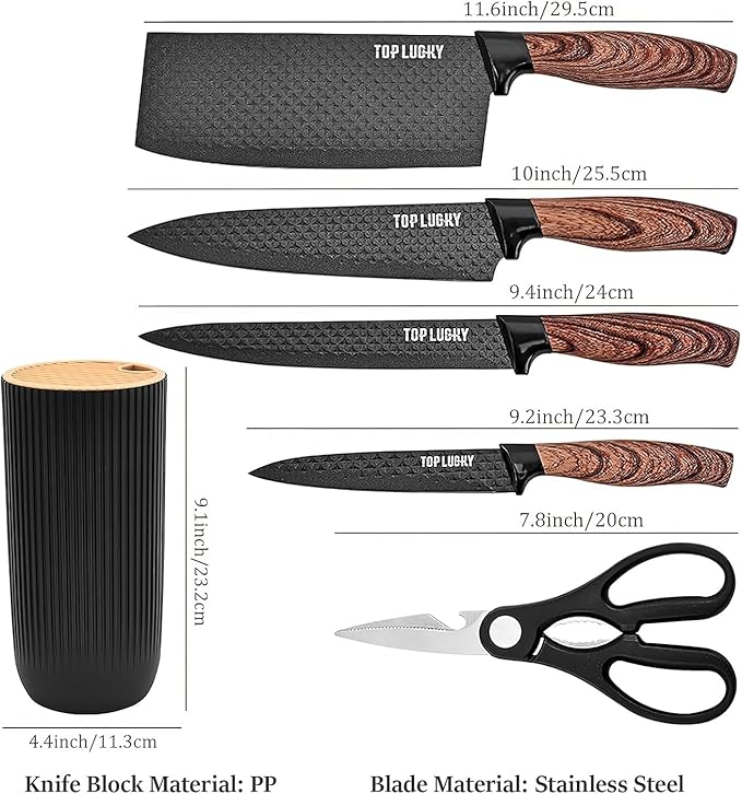 Black Knife Set, 6 Pieces Professional Kitchen Knife Set with Universal Knife Block, Super Sharp Knife Block Set with Ergonomic Handle Non-stick Stainless Steel Knife Block Set (Black)