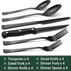 EWFEN 24-Piece Black Silverware Set with Steak Knives, Black Flatware Set for 4, Food-Grade Stainless Steel Tableware Cutlery Set, Mirror Finished Utensil Sets for Home Restaurant, Roman Column
