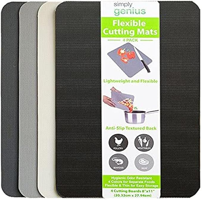 Simply Genius Rectangular Cutting Board Set - Color-Coded Cutting Mats for Kitchen - Dishwasher-Safe Plastic Chopping Board - Pack of 4, 8 x 11 in, Light Gray