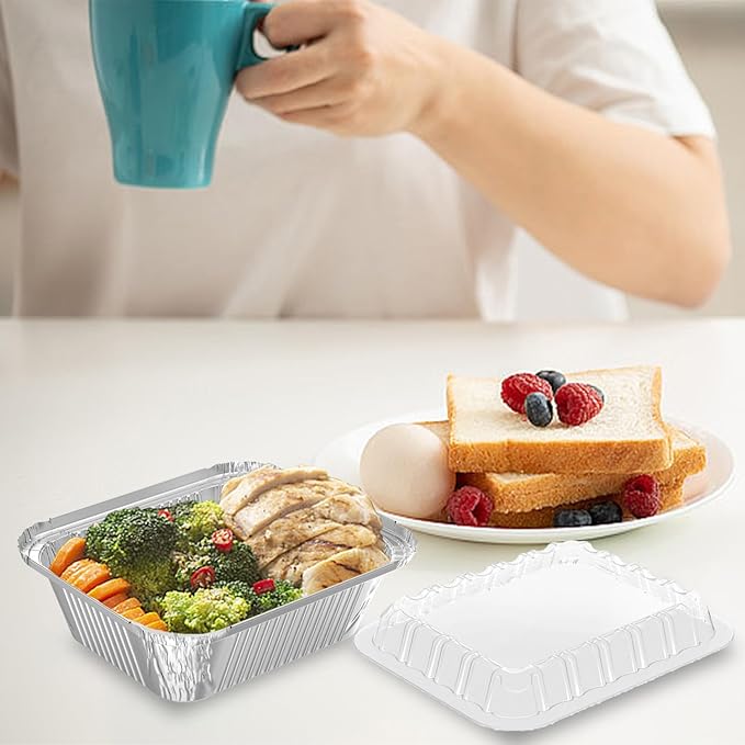 iHomeSet 25 Pack 1 lb Rectangular Disposable Aluminum Foil Pan 16 oz Take Out Food Containers with Clear Plastic Dome Lids, for Catering, Baking, Roasting Food