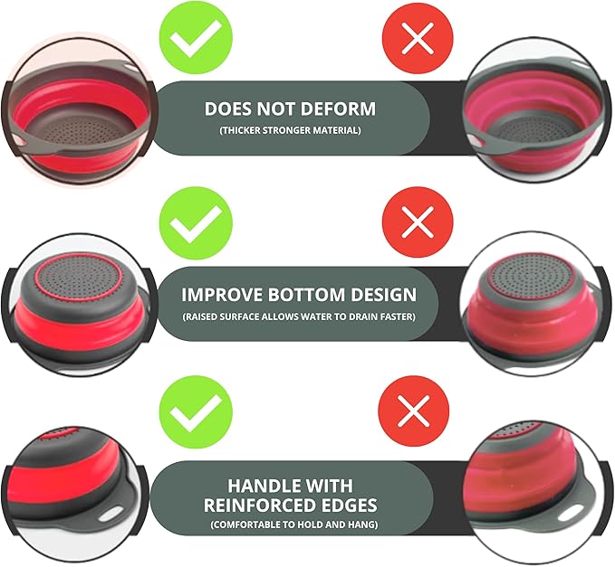 Round Collapsible Colander with Plastic Handles Round Silicone Kitchen Strainers Foldable Kitchen Strainer Perfect for Draining Pasta Vegetable and Fruit Red