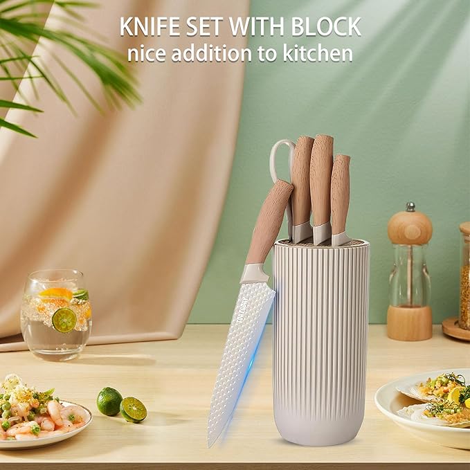 Knife Set, 6 Pieces Professional Kitchen Knife Set with Universal Knife Block, Super Sharp Knife Block Set with Ergonomic Handle Non-stick Stainless Steel Knife Block Set (Khaki)