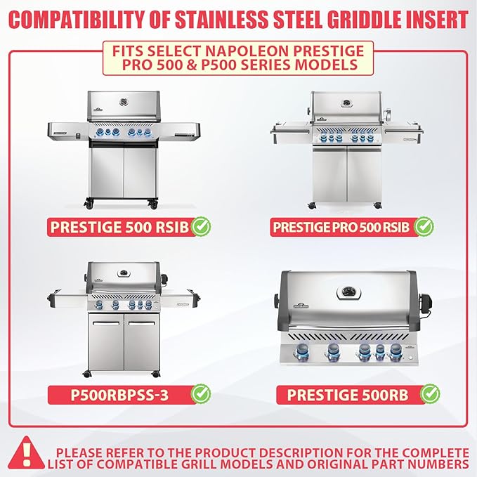 Full Size Griddle Insert for Napoleon Prestige PRO 500 & Built-in Prestige 500 Grills Accessories, BIP500RBNSS-3 P500RBPSS P500RSIBNK-3 P500 P500N Parts, 26.3"L x 17.7"W Stainless Steel Griddle Plate
