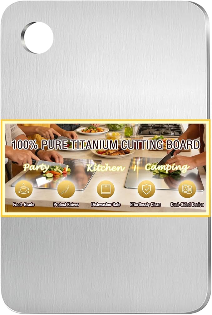 100% Pure Titanium Cutting Board, Titanium Cutting Boards for Kitchen Dishwasher Safe, Food-Grade Metal Meat Chopping Board Mat for Cooking Tasks and Outdoor Charcuterie Party (S, 9.25”×5.71”)