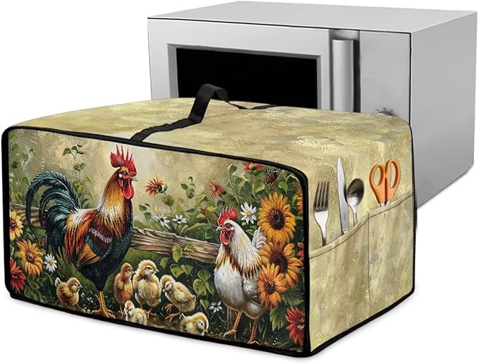 Rooster Sunflower Print Toaster Oven Dust-proof Cover Heat-Resistant Kitchen Small Appliance Air Fryer Covers Universal Washable Microwave Oven Covers (Large-18.5 * 22.5 * 12.99 inches)