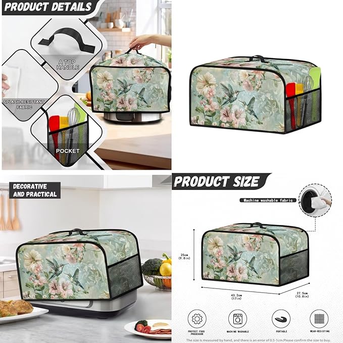 Hummingbird Floral 2 Slice Toaster Blender Slow Cooker Covers Machine Washable Small Appliance Dust Cover Sets Kitchen Appliance Organizer Anti Greasy 3PCS