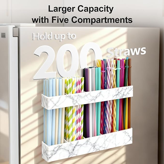 9.5” Large Acrylic Straw Holder for Cabinet Door, Reusable Adjustable Two-Part Straws Organizer with Ultra Sticky Adhesive Strips, 2026 Straw Storage for Kitchen Cupboard (Marble Color)