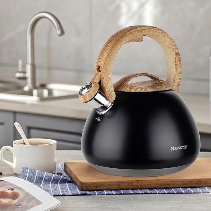 MARSKITOP Tea Kettle for Stove Top, Whistling Kettle Teapot for Stovetop, Food Grade Stainess Steel Teakettle with Cool Touch Ergonomic Handle, 2.6 Quart, Black