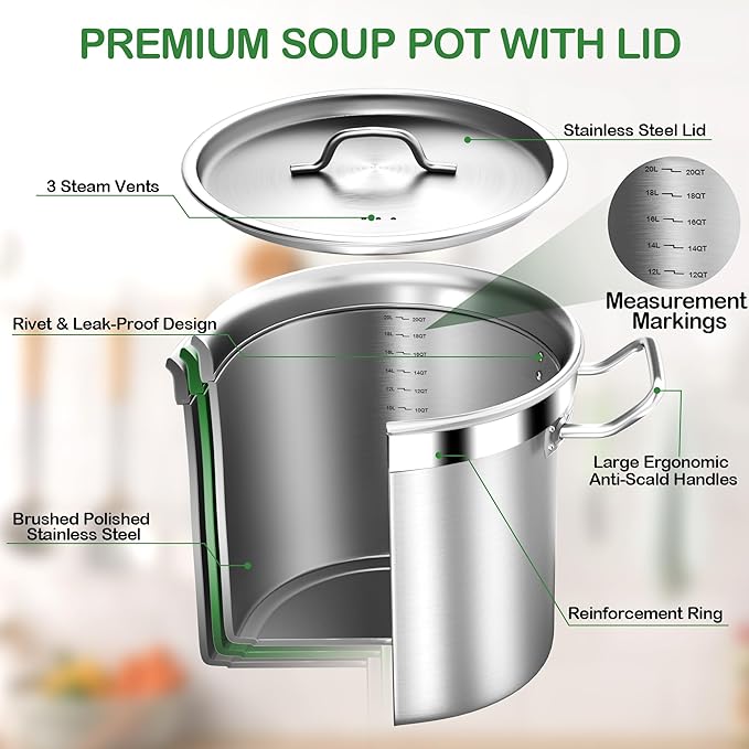 STOCKPOT Stock Pot 20 Quart with Lid – Stainless Steel Cooking Pot for Soup, Stew, and Pasta – Heavy Duty Induction Compatible Stockpot for Kitchen or Commercial Use, Oven Safe