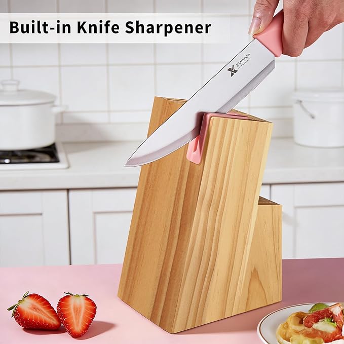 XANAPON 14-Piece Kitchen Knife Set with Block, High Carbon Stainless Steel Sharp Chef Knives with Built-in Sharpener, Ergonomic Handles, Professional Cutlery for Home Cooking & Gifts, Pink