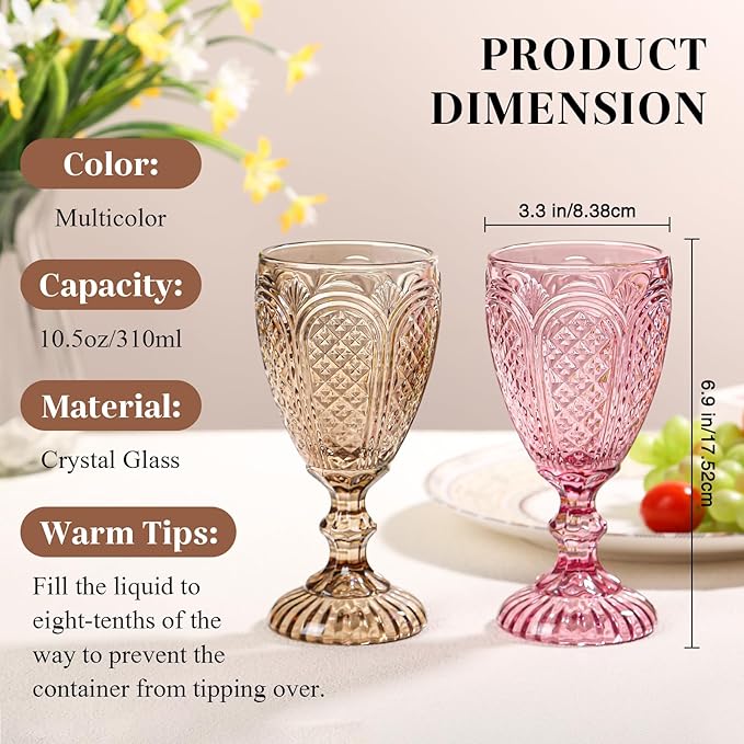 Colored Vintage Wine Glasses Set of 6 – 10.5 Ounces Colored Glass Water Goblets, drinking glasses for Mothers Day, Wedding, Holiday, or Fancy Glassware for everyday