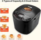 Bread Maker, 19-in-1 2LB Dough Machine, Nonstick Ceramic Pan Automatic Breadmaker with Gluten Free Setting, Automatic Compact Dough Machine Nonstick,Digital,3 Loaf Sizes, 2 Crust Colors, Black