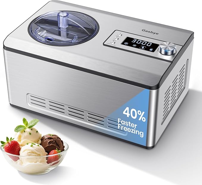 Gasbye Ice Cream Maker with Upgraded Compressor, [40% Faster Freezing], No Pre-Freezing Needed, LED Display, 2.1 Qt Capacity, Easy Operation for Ice Cream & Yogurt, Stainless Steel
