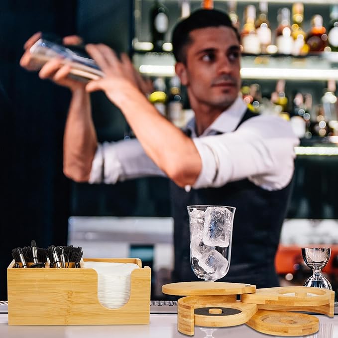 Mifoci Bamboo 3 Tier Bar Glass Rimmer Bartender Tool with 12 Pcs Stainless Steel Classic Bottle Pourers, Bar Caddy with 6 Compartment, 1000 Pcs Coffee Cocktail Stirrers, 200 Napkins