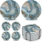 UMIRRO Coasters for Drinks Absorbent with Holder | Cool Table Mats in Ocean Blue for Cups, Glasses, Desk, Office and Home | Cute Ceramic Stoneware Coaster Set