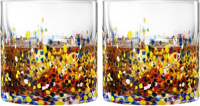 Large Confetti DOF Glasses – Set of 2-11oz Luxury Hand Blown Confetti Whiskey, Margarita, Martini, Cocktails, Water, Wine, Dessert & Champagne Glasses Cinco de Mayo, Hand Blown - Mexican Water Glass