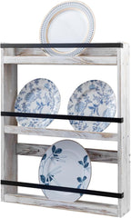 MyGift Wall Plate Display Rack, 3 Tier Farmhouse Whitewashed Wood Wall Mounted Plate Storage Rack, Holds 6-10inch Plates