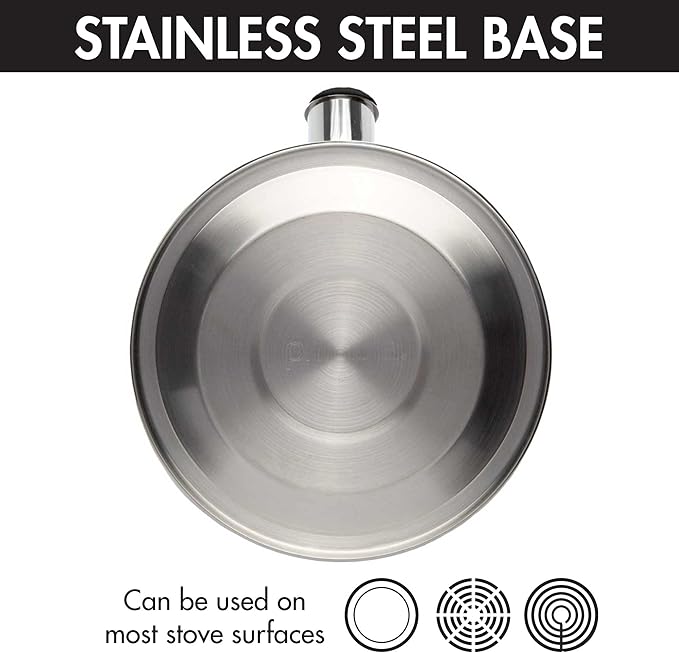 Primula Stewart Whistling Stovetop Tea Kettle Food Grade Stainless Steel, Hot Water Fast to Boil, Cool Touch Folding, 1.5-Quart, Brushed with Black Handle