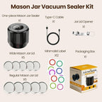 M11 Electric Mason Jar Vacuum Sealer Kit - with Wide and Regular Mouth Mason Lids, Jar Vacuum Sealer for Canning Jars, Vacuum Sealing Machine for Food Storage Black