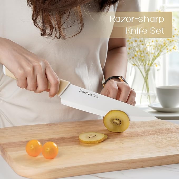 Astercook Kitchen Knife Set with Block and Sharpener 15 Piece Knives Set German High Carbon Stainless Steel Knives Sharp Blade Dishwasher Safe Deba Knives with Ergonomic Handle