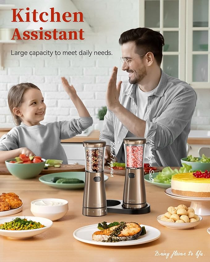 Electric Salt and Pepper Grinder Set with Storage Base, Stainless Steel Rechargeable Salt and Pepper Grinder Set with 4.5 oz Large Capacity, 1.8" Wide Mouth, Adjustable Coarseness, Ideal for Kitchen