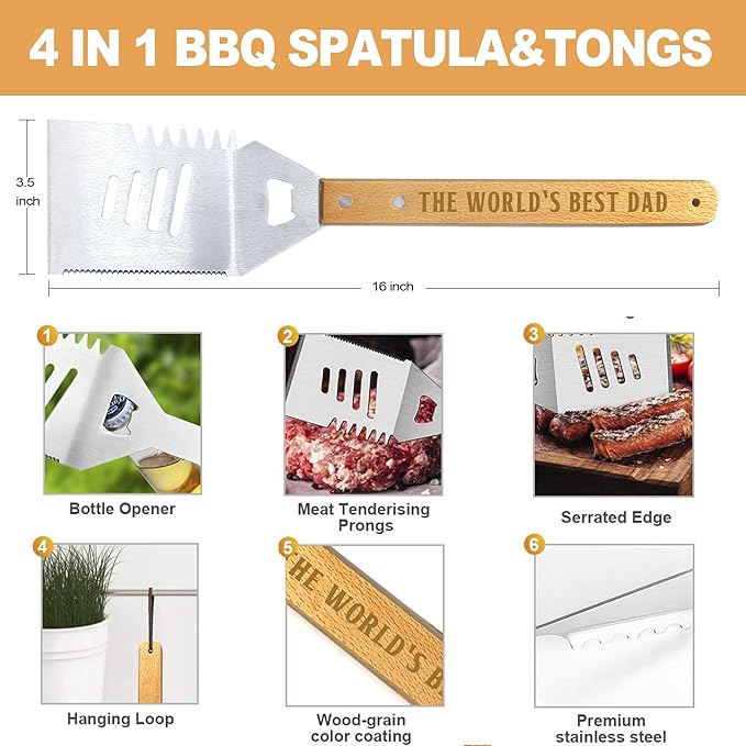 Dad Gifts from Daughter Fathers Day Heavy Duty Wooden BBQ Grilling Accessories Kit for Backyard, Thick Stainless Steel Grill Utensils with Non-Slip Handle Tools in Portable Bag Birthday