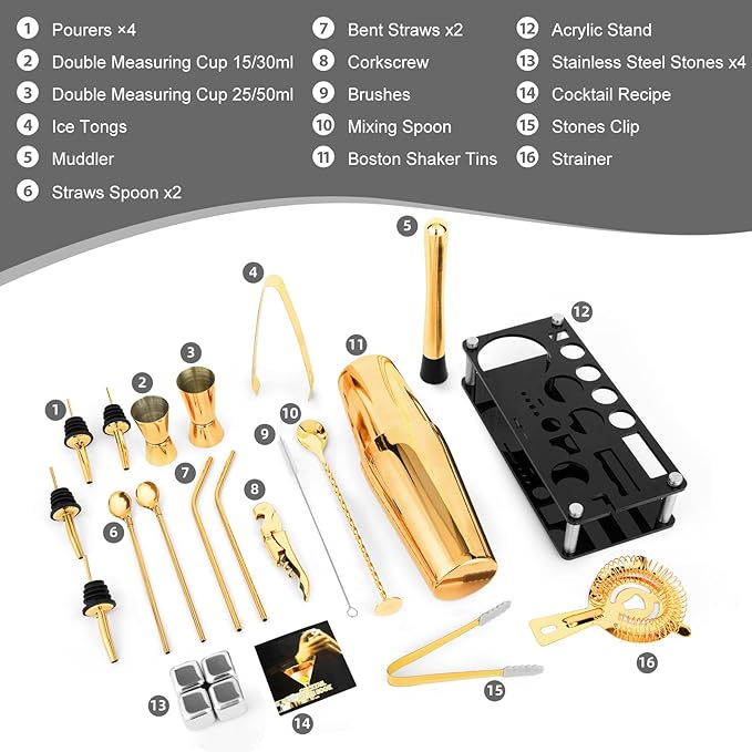 Cocktail Shaker Set, 23-Piece Boston Stainless Steel Bartender Kit with Acrylic Stand & Cocktail Recipes Booklet, Professional Bar Tools for Drink Mixing, Home, Bar, Party - Gold