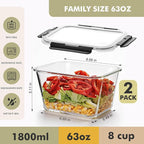Liuruiyu 2 Pack Large Glass Food Storage Containers with Lids, 63oz Big Meal Prep Containers, Airtight Bento Boxes with Leak Proof Locking for Microwave, Oven, Freezer and Dishwasher, BPA Free
