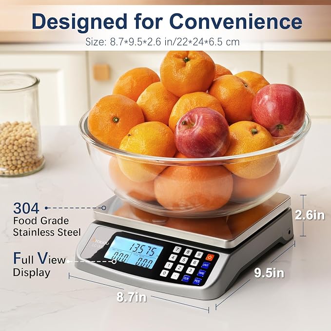 Atogou 66lb Food Scale, Commercial Kitchen Scale with Price Computing, Plug-in Usable, 0.05oz/1g, 304 Stainless Steel, for Cooking, Vegetables, Farm, Industry, Counting. LC300 Grey
