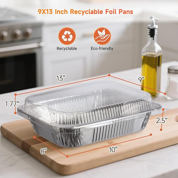 Aluminum Pans with Clear Lids 9x13-10 Pack Aluminum Foil Pans, Heavy Duty Disposable Pans for Cooking, Baking, Meal Prep, Parties & Food Storage