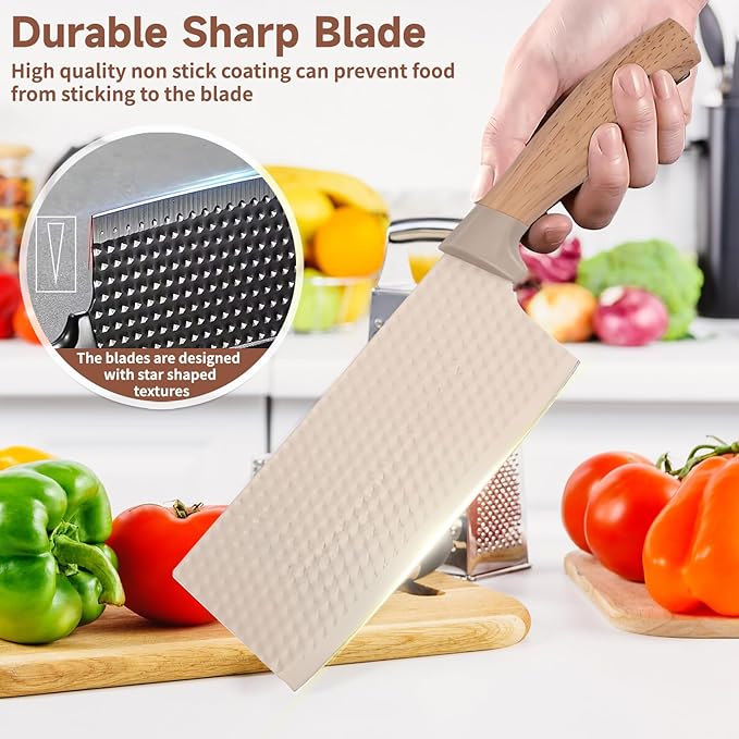 Kitchen Knife Set,6-Piece Khaki Kitchen Knife Set with Knife Block – Non-Stick Stainless Steel Sharp Blades, Anti-Rust & Ergonomic Design for Home, Restaurant,Outdoor