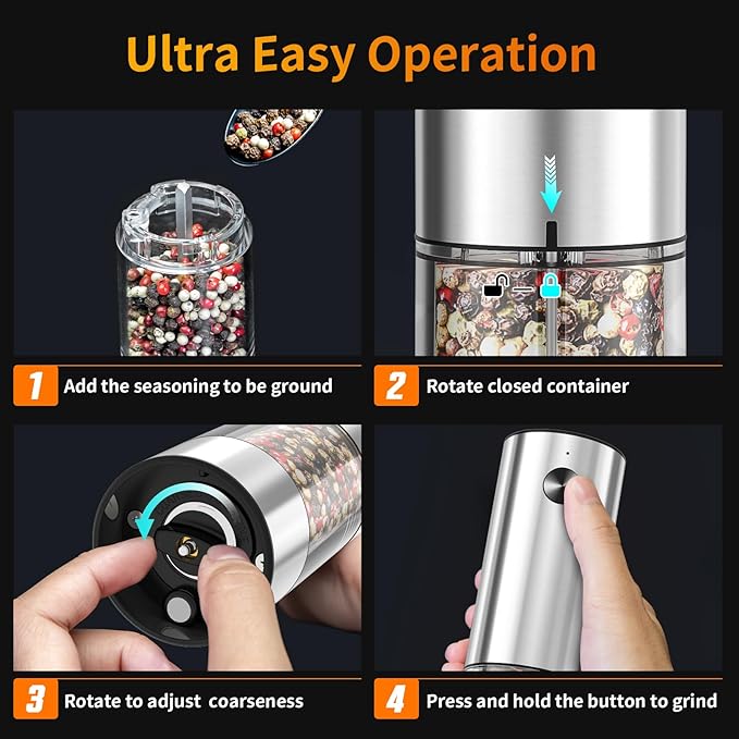 2Pack Electric Salt and Pepper Grinder Set USB Rechargeable with Warm LED Light, Adjustable Coarseness Lidaop Large Capacity Automatic Salt Pepper Mill Shakers for Kitchen, Sliver Set