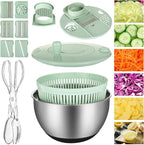 Stainless Steel Salad Spinner with Slicer Set, 5 Qt Large Rotation Vegetable Washer, 5 Interchangeable Slicers, Egg Separator, Anti-Slip Base Lettuce Bowl for Salad & Meal Prep
