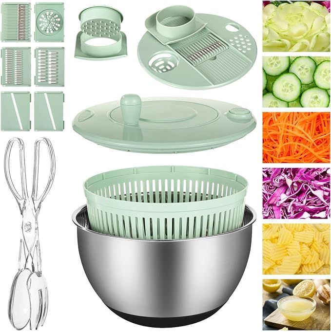 Stainless Steel Salad Spinner with Slicer Set, 5 Qt Large Rotation Vegetable Washer, 5 Interchangeable Slicers, Egg Separator, Anti-Slip Base Lettuce Bowl for Salad & Meal Prep