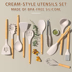 Umite Chef Kitchen Cooking Utensils Set, 33 pcs Non-Stick Silicone Cooking Kitchen Utensils Spatula Set with Holder, Wooden Handle Silicone Kitchen Gadgets Utensil Set (Khaki)