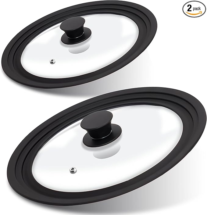 Lerykin Tempered Glass Lid Set of 2 - Universal Lids with Heat Resistant Silicone Rim for Pots, Pans and Skillets - Pan Cover Replacement Lids Fit 7", 8" & 9" and 10", 11" & 12" Diameter Cookware