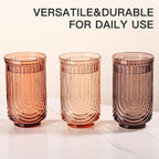 JOVGANK Amber Vintage Glassware Set of 6-17Oz Brown Water Drinking Glass, Art Deco Ripple Highball Glass, Whiskey Cocktail Glasses, for Bar Ice Coffee Juice, Housewarming Gifts and Mother's Day Gift