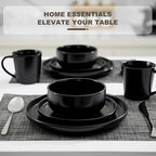 EWFEN 16-Piece Ceramic Dinnerware Sets with Mugs for 4, Black Plates and Bowls Set with Classic Design, Scratch Resistant Dishes Set, Dishwasher & Microwave Safe