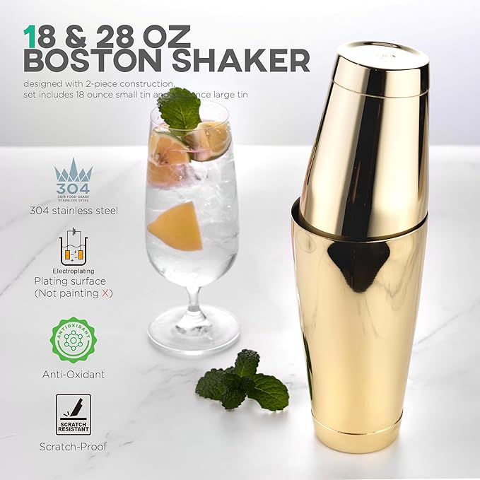 Homestia Cocktail Shaker Set, Bartending Kit: Weighted Boston Shaker Tin, Hawthorne Strainer, Jigger, Bar Spoon and Muddler, Professional Stainless Steel Bar Tool for Beginner (Gold)