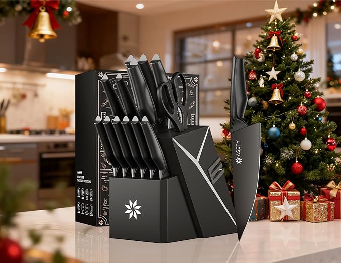 Kitchen Knife Sets with Block -15 PCS Knife Set with Bulti-in Sharpener, Dishwasher Safe, Stainless Steel Kitchen Knife with Ergonomic Handles, Sharp knives for Men and Women,Black