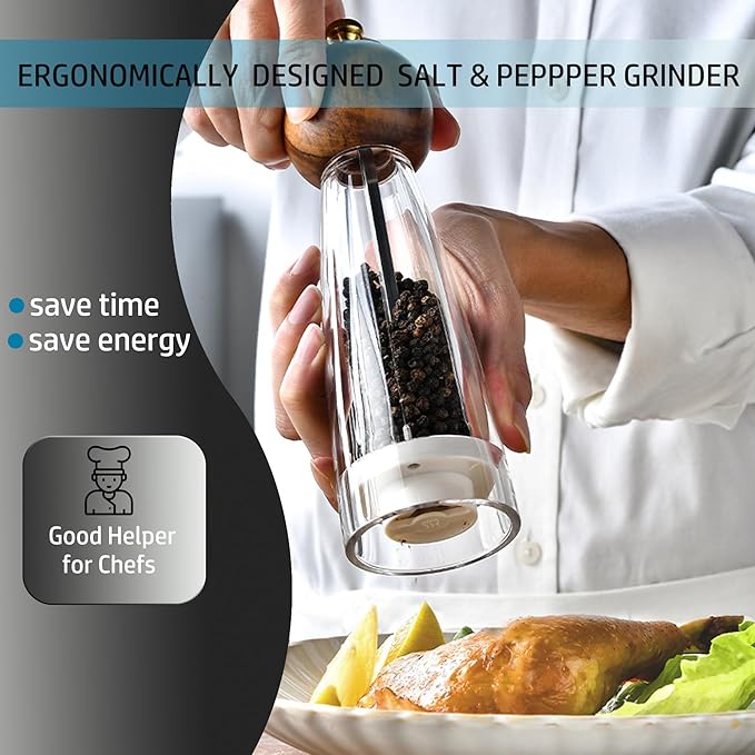 Pepper Mill Manual Salt and Pepper Grinder Set, Classic Transparent Pepper Grinder Salt Mills 2pcs 8in，Solid Wood Hand Shaker Rotor Pepper Salt Grinder Ceramic Core Adjustable Coarseness Spices