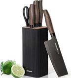 Astercook Knife Set, 6-Piece Kitchen Knife Set with Block, High Carbon Stainless Steel Ultra Sharp Kitchen Knives, Wood Grain Handle, Dishwasher Safe Knife Block Set, Black