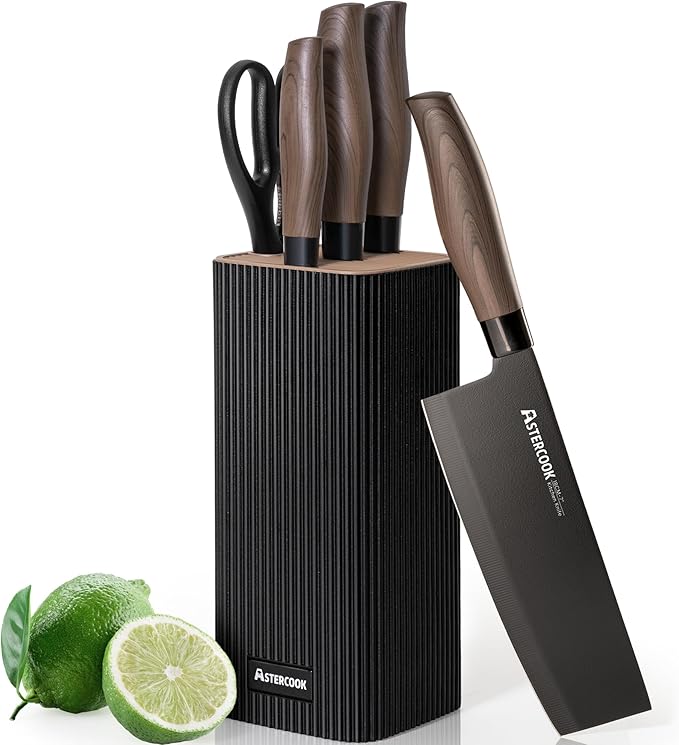 Astercook Knife Set, 6-Piece Kitchen Knife Set with Block, High Carbon Stainless Steel Ultra Sharp Kitchen Knives, Wood Grain Handle, Dishwasher Safe Knife Block Set, Black
